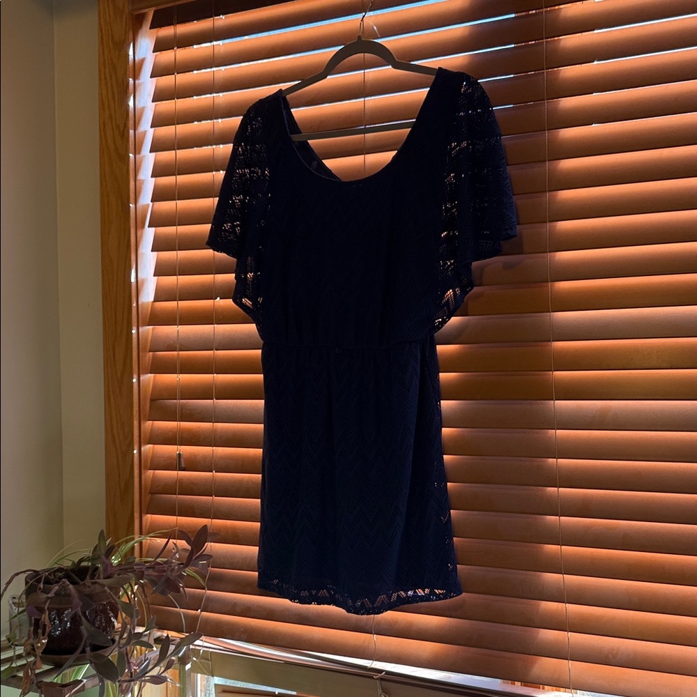 Lace Flutter Sleeve Women's Dress - Navy Blue